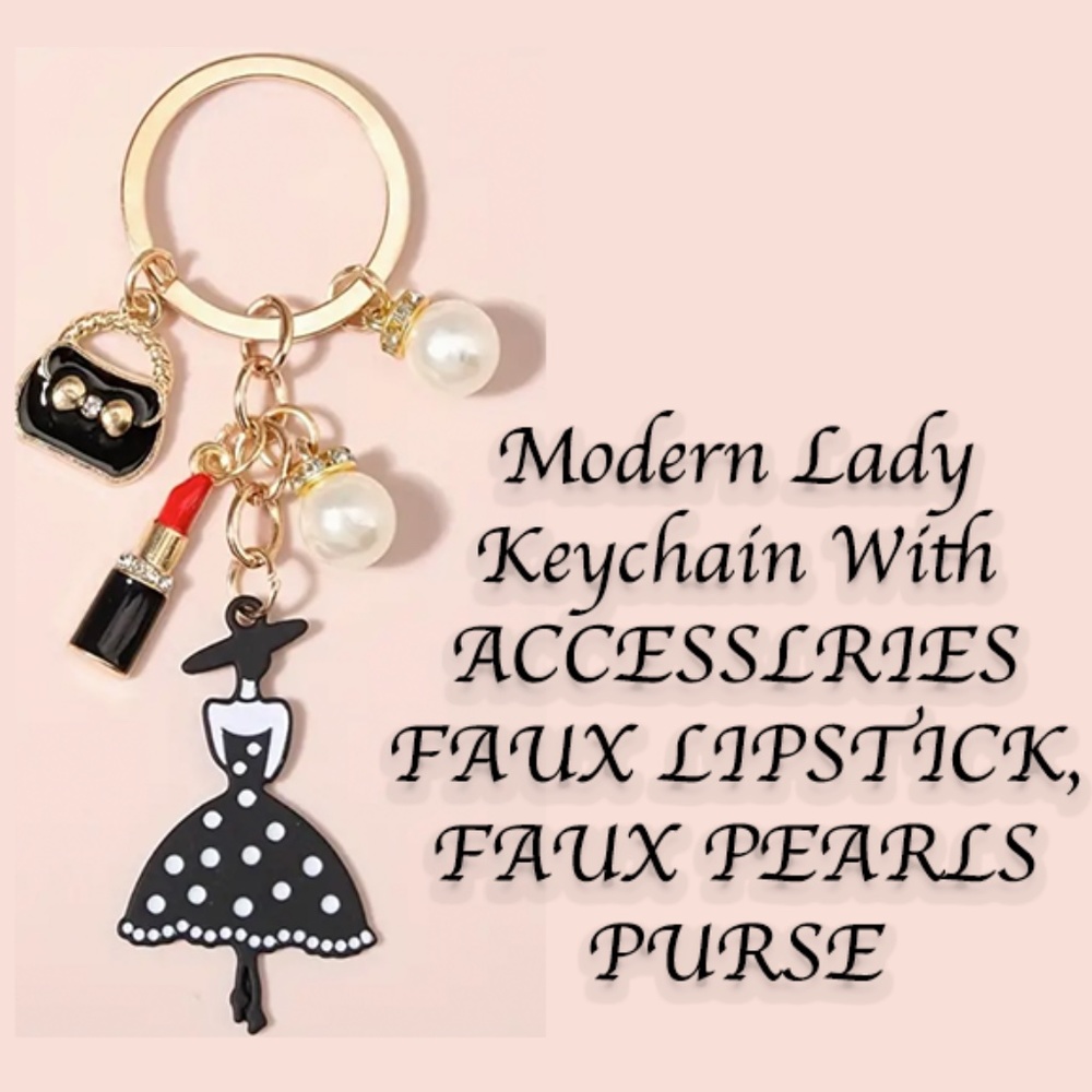 Modern Lady Lipstick Bag Keychain Key ring, Faux Lipstick, Faux Pearls - Awesome